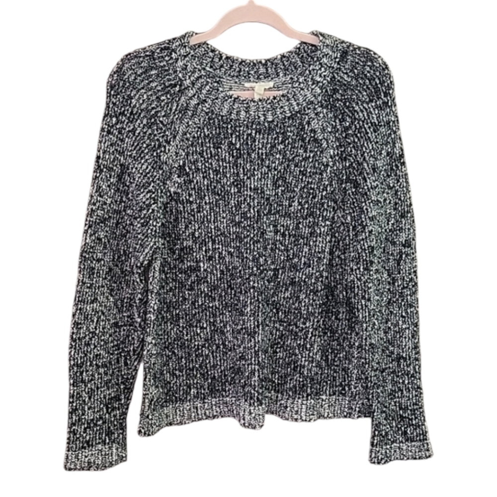 Eileen Fisher- Black and White Crew Neck Sweater with Side Slits - Size M